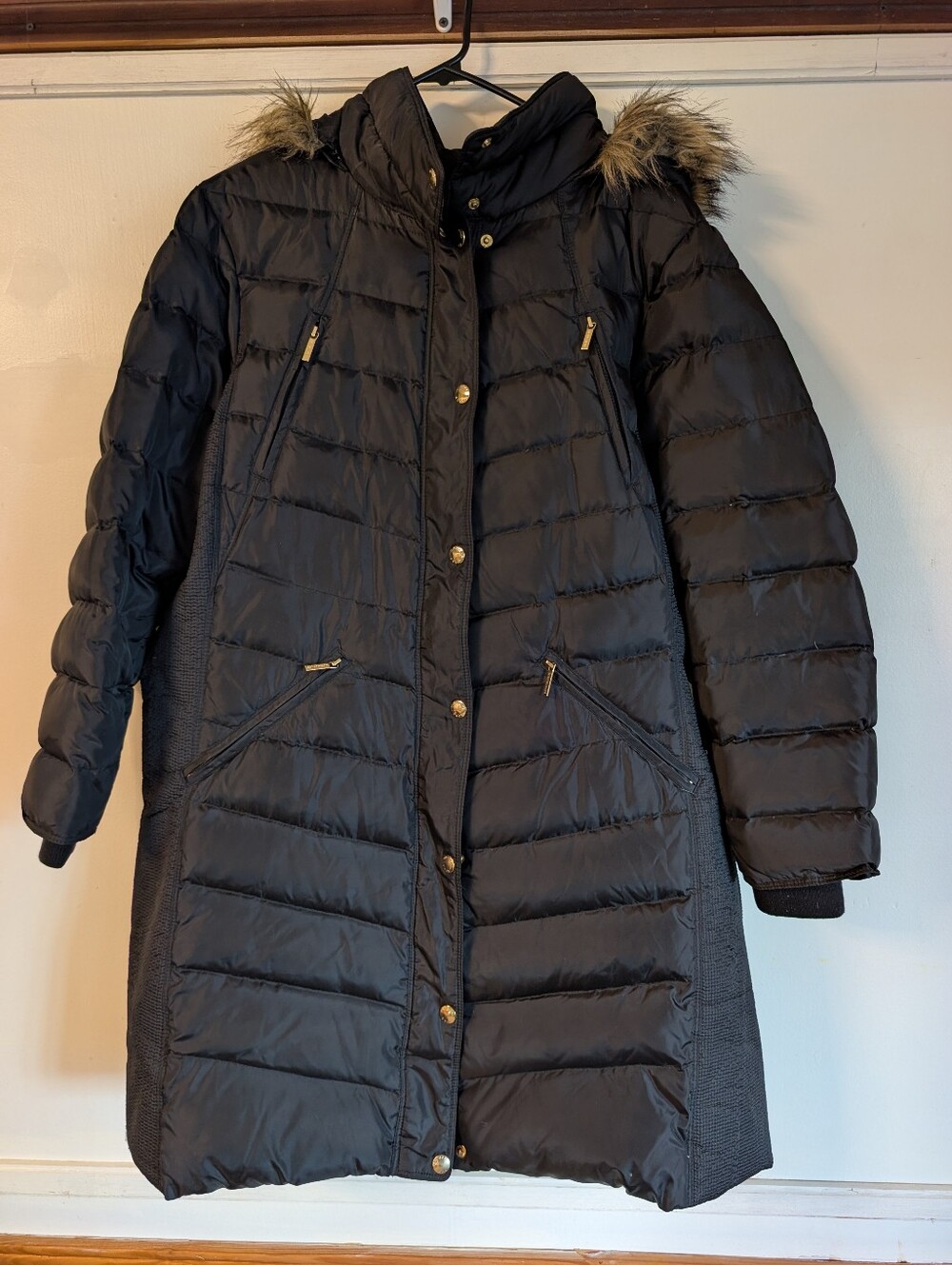 Michael Michael Kors Womens Down Puffer Coat 1X Black Chevron Faux Fur Trim Hood